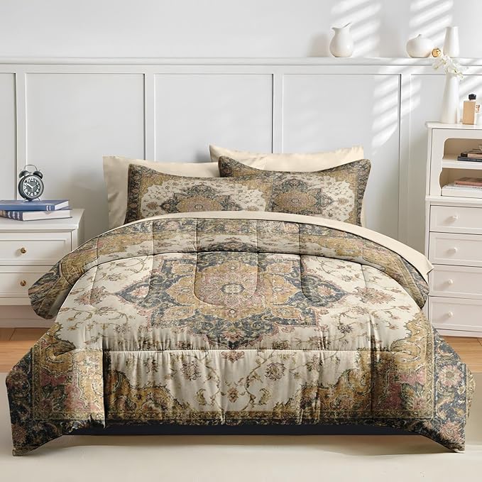 Comforter Set Queen Size, Vintage Medallion 7 Pcs Bedding for Kids and Adults, Floral Distressed Bed Sheet Sets with Fitted Sheet 2 Pillowcases & 2 Shams for Bedroom Bed Decor
