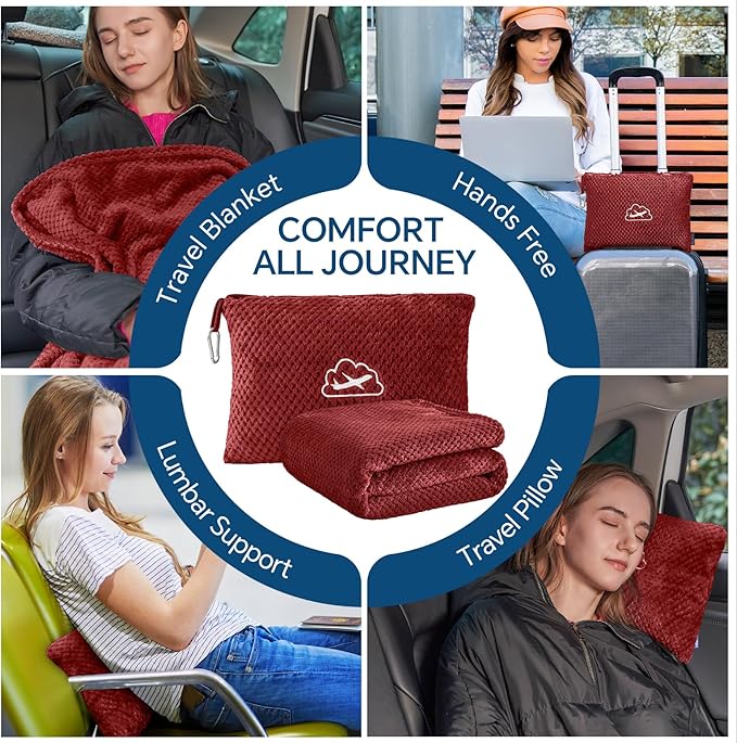 BEDELITE Travel Blanket with Bag, Ultra-Soft Jacquard Fleece Blanket with Luggage Sleeve & Backpack Clip, Airplane Blanket Travel Essentials, Burgundy