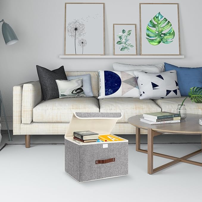 TYEERS Collapsible Storage Boxes, Washable Fabric Storage Bins with Lids, 14.9x9.8x9.8 inches, 3 Pack, Gray