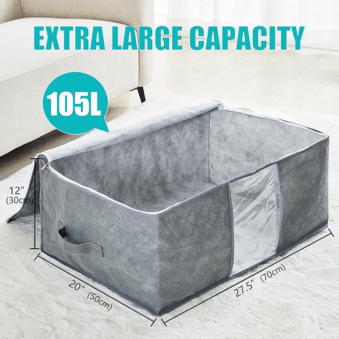 105L Extra Large Storage Bags for Blankets, King Comforters, Bedding, Clothes, Pillows, Sheets - Closet Organizers and Storage with 4 Handles & Clear Window, Foldable & Breathable (Grey, 4pack)