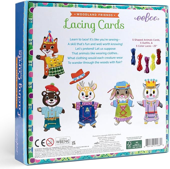 eeBoo: Dress Up Lacing Cards: Woodland Friends - Set of 5 Characters Outfits & Laces, Create Combinations, Preschool Arts & Crafts, Kids Ages 3+