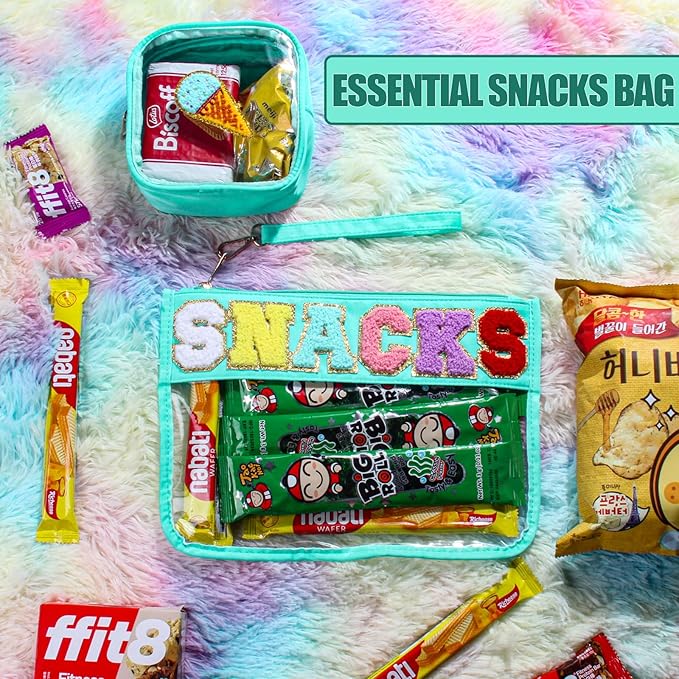 BuyCard 2 Pcs Snacks Bag Gifts Cosmetic Makeup Bag with Chenille Letter Patch, Clear Pouch PVC Organizer Purse, Waterproof Travel Bag, Portable Toiletry Storage Bag for Her Girls Friends Women