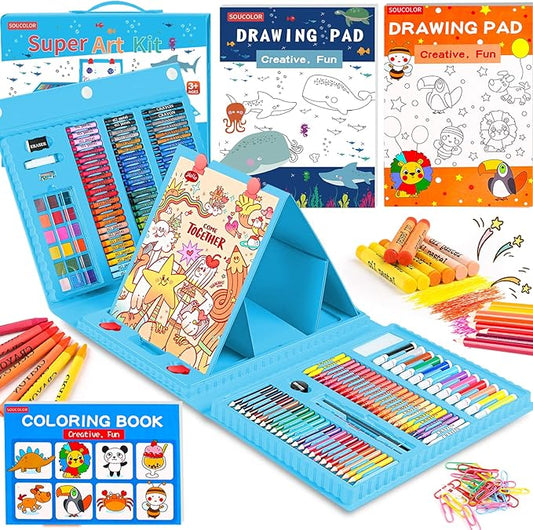 Soucolor Arts and Crafts, 283 Pieces Drawing Set Art Kits with Trifold Easel, 2 Drawing Pads, 1 Activity Coloring Book, Crayons, Oil Pastels, Watercolor Cakes, Colored Pencils, Watercolor Pens