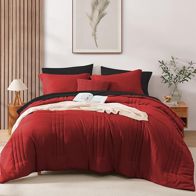 Monbix Full Comforter Set - 7 Pieces Bright Red Bed in a Bag Full Size Bedding Sets with Comforters, All Seasons Comforter with Sheets, Pillowcases & Shams