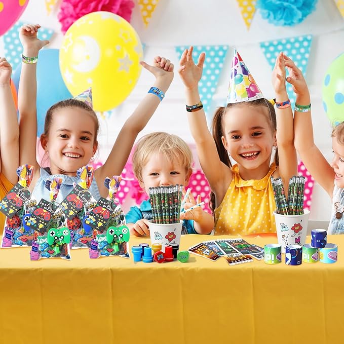 171 Pcs Video Game Party Favors Set Includes Gift Bags Pencils Notebook Sharpener Slap Bracelets Rings Keychains Tattoo Gaming Stickers Stamper Gamer Party Favors for Kids Gamer Birthday