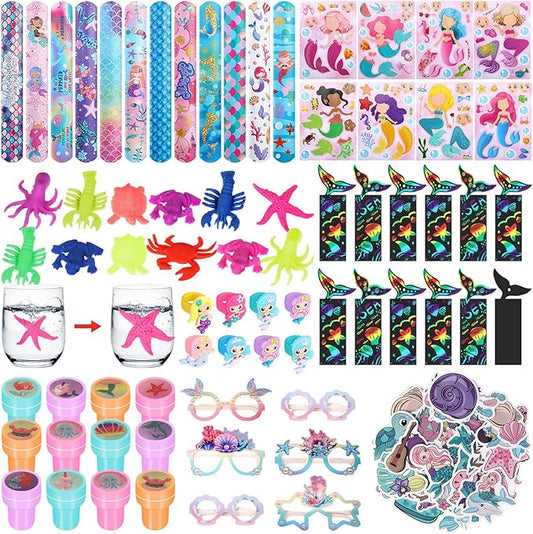 Capoda 134 Pcs Mermaid Party Favors Bulk for Girls Paper Glasses Slap Bracelets Stickers Rings Grow in Water Sea Animals Bookmarks Mermaid Goodie Bag Fillers for Mermaid Birthday Gifts Party Supplies