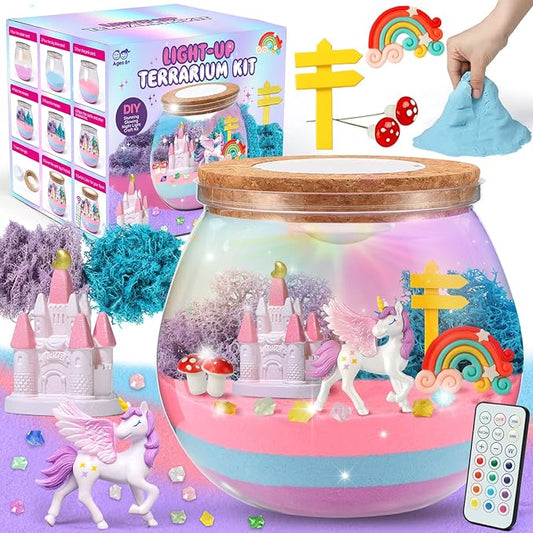 ACRABROS Unicorn Terrarium Kit for Girls: LED & Glow Stones Present for Birthday - DIY Art for Activity Toy Gift - Light up Decoration with Sand Set - Craft Idea for Kids Age 4 5 6 7 8-12 Year Old