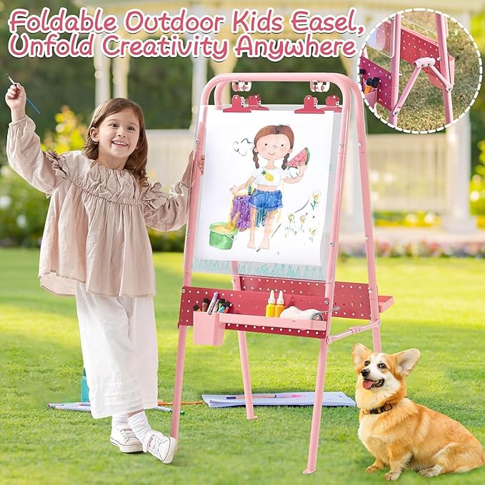FUNLIO Foldable Outdoor Easel for Kids Aged 3+, Double-Sided Kids Easel with 2 Acrylic Boards & 21 pcs Accessories, Waterproof & Sunproof Art Easel for Kids, Portable & Stable - Pink