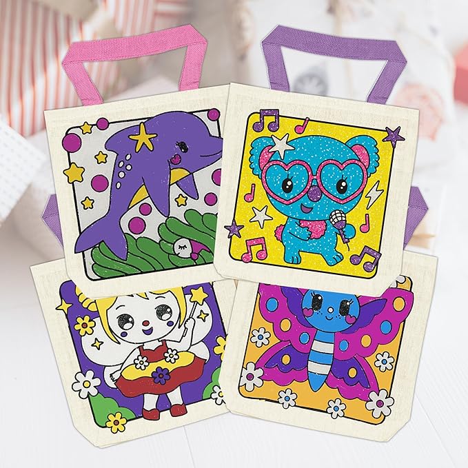 6 Pieces Kids Coloring Goodie Bags, Reusable Canvas Bag, Cute Art Party Favors, Color Your Own Bags for DIY Painting Birthday Carnival Celebration, Party Supplies Gift, Girls