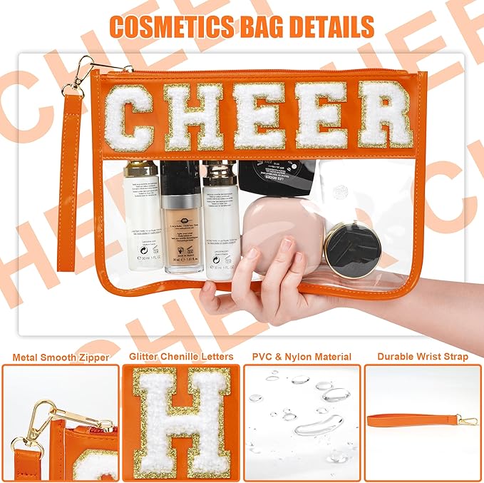 BuyCard Cheer Chenille Letter Bags Clear Makeup Bag, Cheerleader Gifts Cosmetic Bag, Varsity Preppy Patch Flat Pouch Cheer Accessories, Waterproof PVC Organizer Toiletry Bag for Women Girls Orange