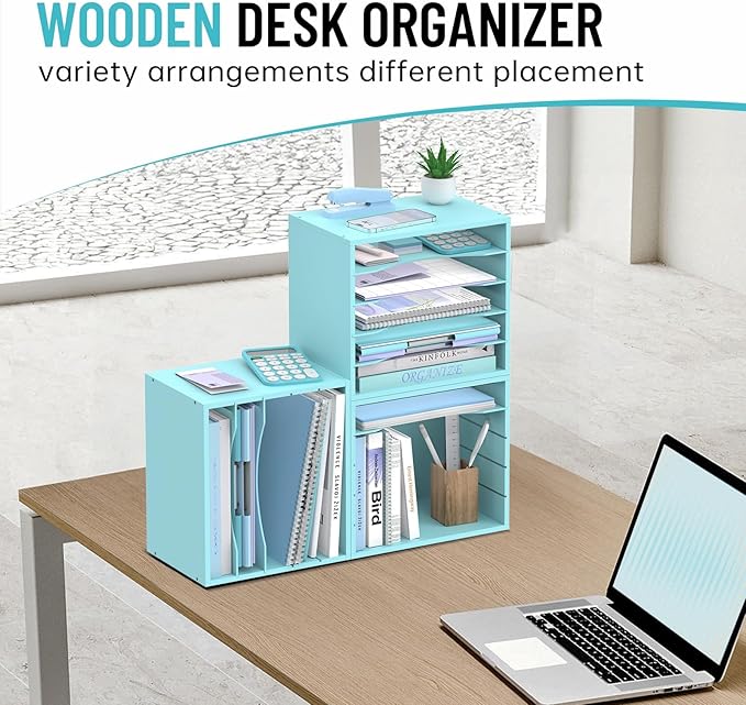5-Tier Wood Desk Organizer, Paper Tray Organizer for Desk with Adjustable Storage Shelves, Desktop File Organization Paper Sorter Mail Holder for Office Home Classroom, Blue
