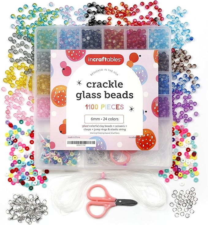 Incraftables Crackle Glass Beads 1100pcs 24 Colors. Crystal Beads for Jewelry Making Kit (6mm) for Bracelets Making for Kids & Adults with Elastic String & Organizer.