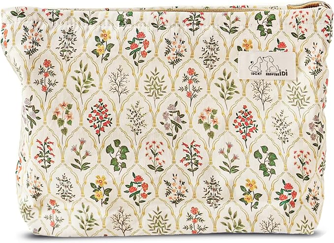 HAPPYHEIDI Large Floral Cotton Makeup Bag Cosmetic Travel Pouch, Make Up Purse Organizer, Canvas Lined Cute Grid Flower Show