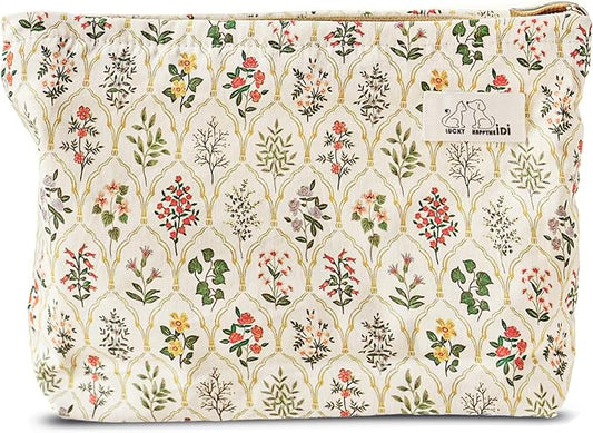HAPPYHEIDI Large Floral Cotton Makeup Bag Cosmetic Travel Pouch, Make Up Purse Organizer, Canvas Lined Cute Grid Flower Show
