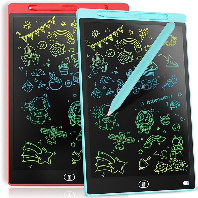 [2 Pieces] 12 Inch LCD Colorful Writing Graphic Tablet, Erasable Drawing Board, Kids Gift, Graphic Board for Games for 3 4 5 6 7 Years (Blue & Red)