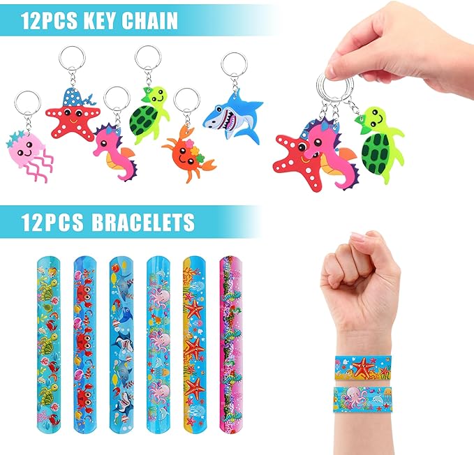 122 PCS Ocean Animal Party Favors Under the Sea Goodie Bags with Necklaces Stickers Slap Bracelets Button Pins and Bags for Sea Themed Birthday Party Supplies School Rewards (Ocean Animal)