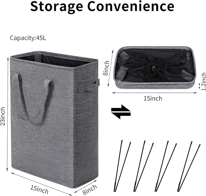 ZERO JET LAG Slim Laundry Hamper With Handles Collapsible Laundry Basket Thin Dirty Clothes Basket Narrow Laundry Bag Foldable Dirty Cloth Hamper 45L (23 inches,Dark Grey)