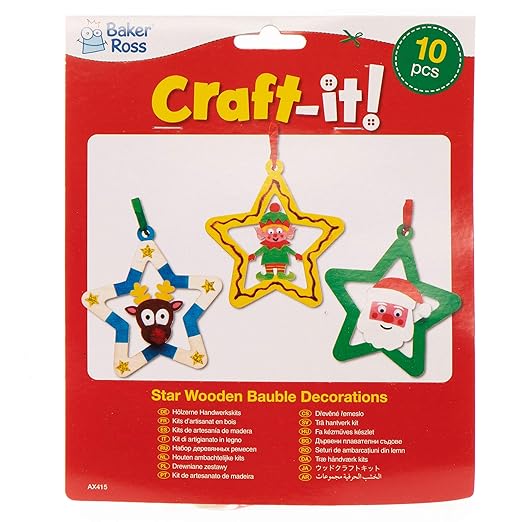 Baker Ross AX415 Star Wooden Ornament Kit - Pack of 10, Christmas Tree Ornaments for Creative Art and Craft Activities to Paint and Decorate