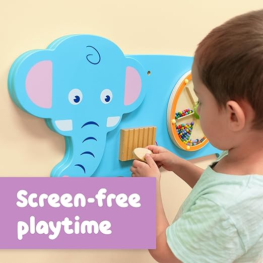 SPARK & WOW Elephant Activity Wall Panel - Ages 18m+ - Montessori Sensory Wall Toy - 3 Activities - Busy Board - Toddler Room Décor