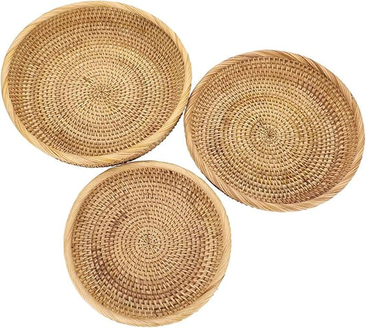 Hipiwe Set of 3 Key Basket Bowl for Entryway Woven Wicker Storage Basket Bowl Round Rattan Serving Basket Tray Fruit Snacks Candy Organizer Bowl for Keys Wallet Cell Phone Home Decor
