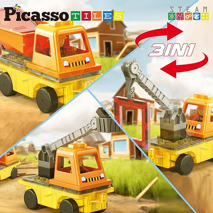 PicassoTiles Magnet Tile Building Blocks 3-in-1 Crane, Dump Truck, and Ladder Construction Vehicle Brick Compatible Magnetic Tiles Toy Set with Car Base Character Action STEM Learning Kit Age 3+ PTU03