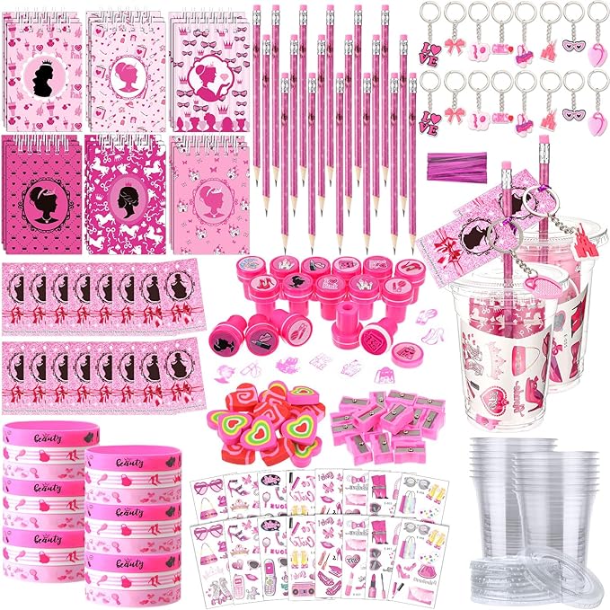 Colarr 161 Pcs Hot Pink Princess Party Favors School Stationery Set Includes Gift Cup Notebook Pencil Sharpener Eraser Keychain Stamp Slap Bracelet Sticker Card Valentine's Day Gift for Child Supplies