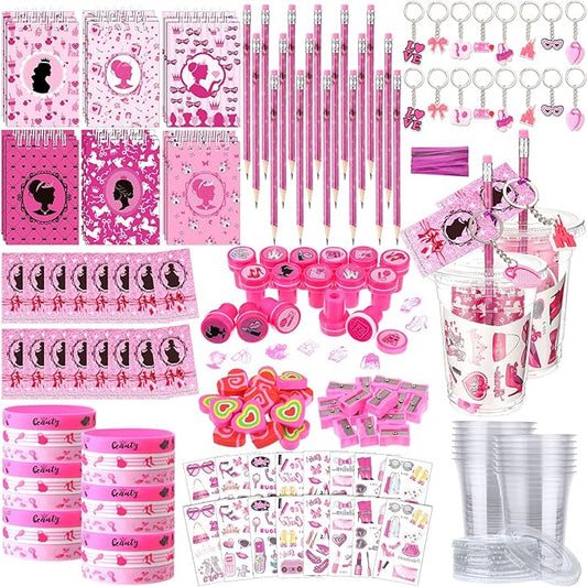 Colarr 161 Pcs Hot Pink Princess Party Favors School Stationery Set Includes Gift Cup Notebook Pencil Sharpener Eraser Keychain Stamp Slap Bracelet Sticker Card Valentine's Day Gift for Child Supplies