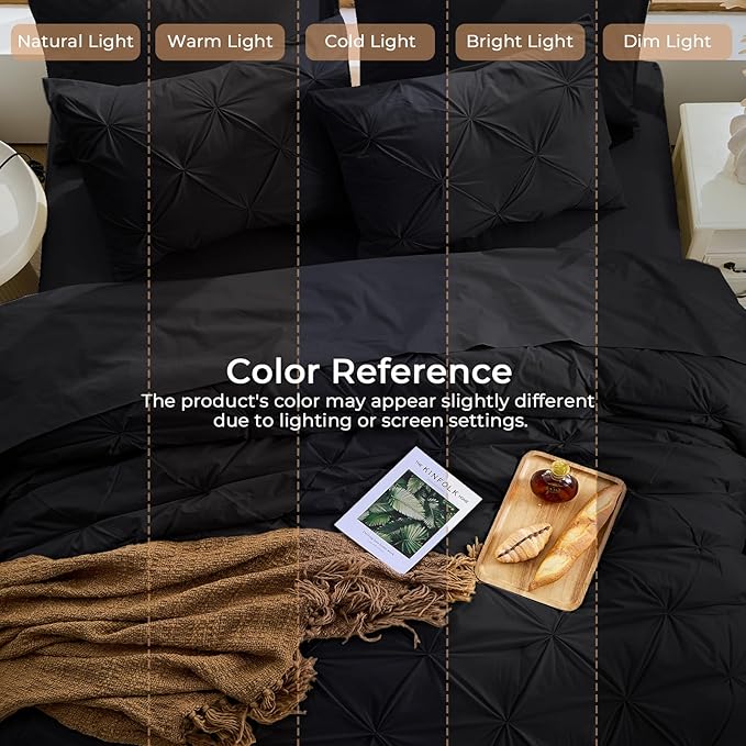 Sasttie Twin Comforter Set, 5-Piece Bed in a Bag, Pintuck Bedding Sets for All Season, Includes Comforter, Flat Sheet, Fitted Sheet, Pillowcase and Pillowsham, Black