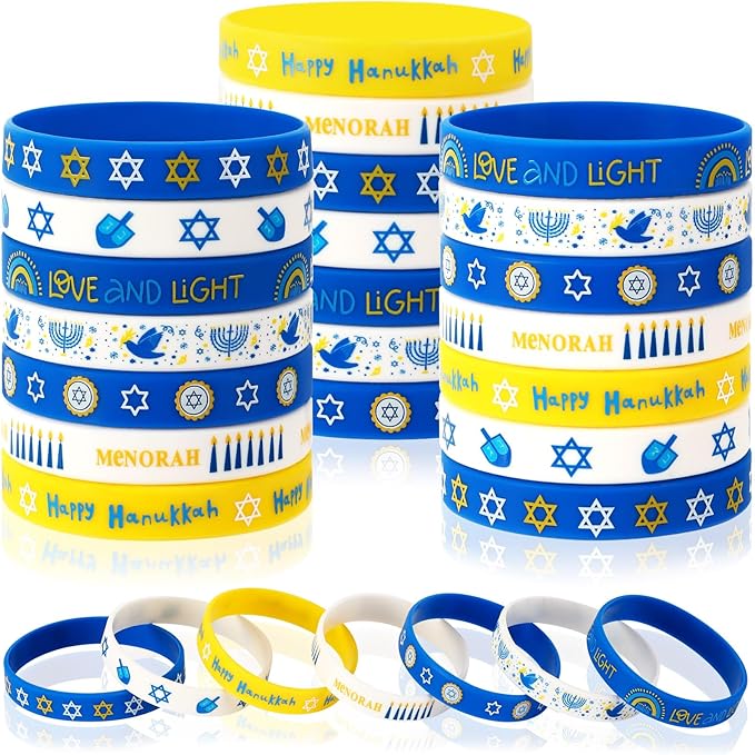 JUNEBRUSHS 42Pcs Hanukkah Party Favors Silicone Bracelets Rubber Chanukkah Wristbands Supplies for Adults Hanukkah Decorations Accessories Goodie Stuffers Fillers(7 Designs)