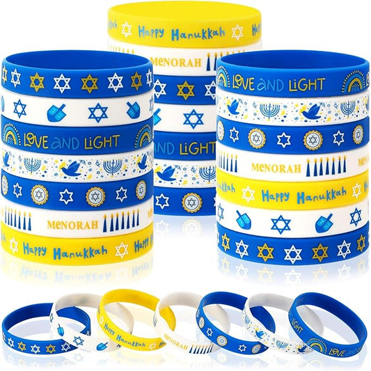 JUNEBRUSHS 42Pcs Hanukkah Party Favors Silicone Bracelets Rubber Chanukkah Wristbands Supplies for Adults Hanukkah Decorations Accessories Goodie Stuffers Fillers(7 Designs)