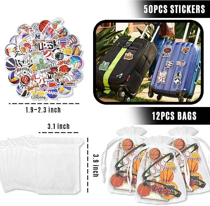 122 PCS Sports Party Favors Basketball Baseball Football Soccer Party Gift Thank You Tags Goodie Bags for Sports Club Party Favors Kid Birthday Party Baby Shower Sports Theme Party Supplies (Style 01)