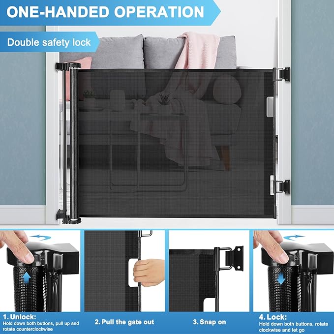 56 Inch Retractable Baby Gates for Doorways Retractable Dog Gate Outdoor Gates for Decks Indoor Long Baby Gate Retractable Pet Gate Mesh Gates for Kids or Pets Child Gate for Stairs, Porches, Black