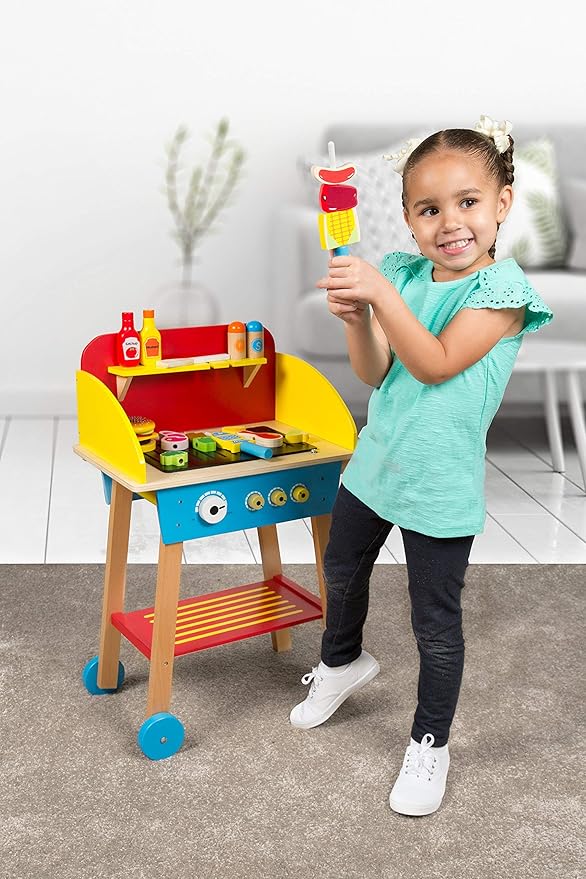 Cook 'N Grill Wood Toy BBQ Set- Pretend Play Wooden Barbeque Food & Grilling Tools for Kids, 30+ Pieces Feat Spatula, Burger & More, Fun Indoor Activity Playset, Daycare, Playroom Centers or Gift