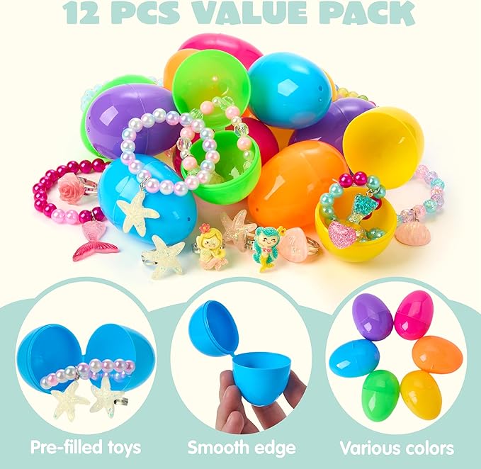 JOYIN 12 Pack Prefilled Easter Eggs with Different Designs of Beads Bracelets and Rings Inside, Jewelry Toys for Easter Basket Stuffers, Kids Egg Hunt, Girls Party Favors, Classroom Prizes Supplies