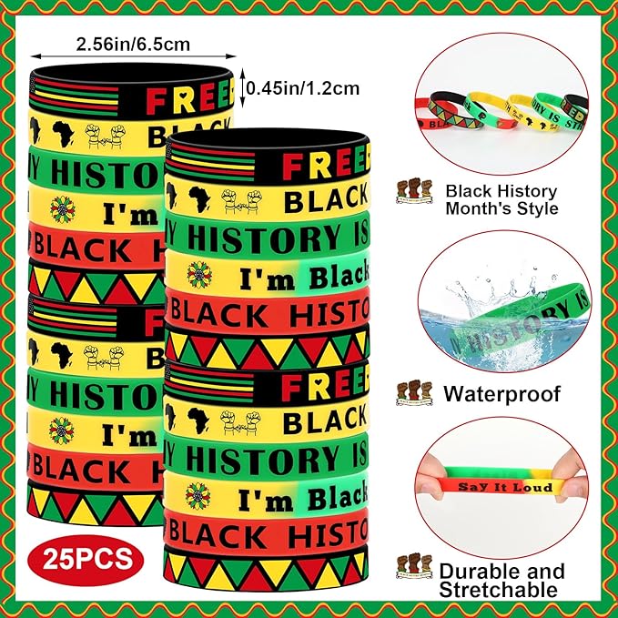 JUNEBRUSHS 50Pcs Black History Month Party Favors, Black History Slap Bracelets and Silicone Bracelets for Kids Adult Gifts Black History Month Wristbands Accessories Bulk for Black History Decoration