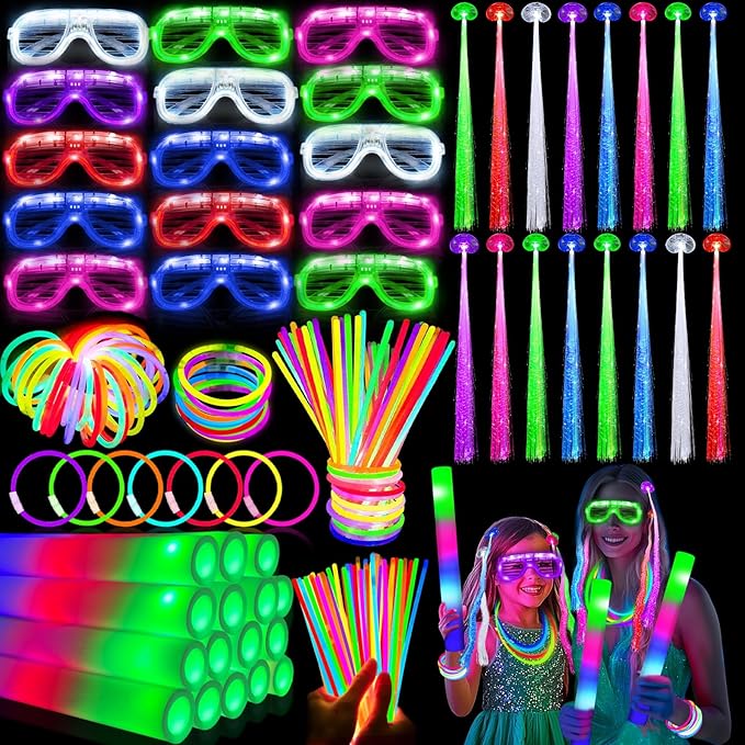 168 PCS Glow Party Supplies Light Up Party Favors with 16 Foam Glow Sticks, 16 LED　Glasses,120 Glow Sticks Bracelets and 16 LED Hair Clips Fiber Optic Neon Accessories for　Birthday, Wedding, Concert