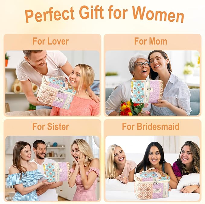 URSKYTOUS 3Pc Cotton Quilted Makeup Bags for Women Large Small Coquette Floral Travel Cosmetic Bag Set Aesthetic Cute Flower Makeup Pouch Portable Toiletry Bag Puffy Essential Storage Organizer Bag