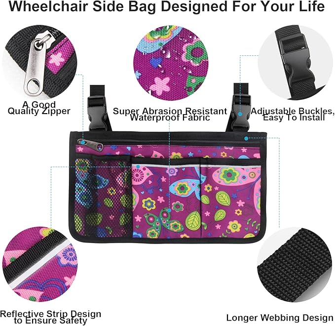 Wheelchair Side Bag, Upgrade Flower Color Wheelchair Armrest Storage Pouch with Cup Holder and Reflective Strip for Most Wheelchairs, Walkers and Rollators (Purple Butterfly)