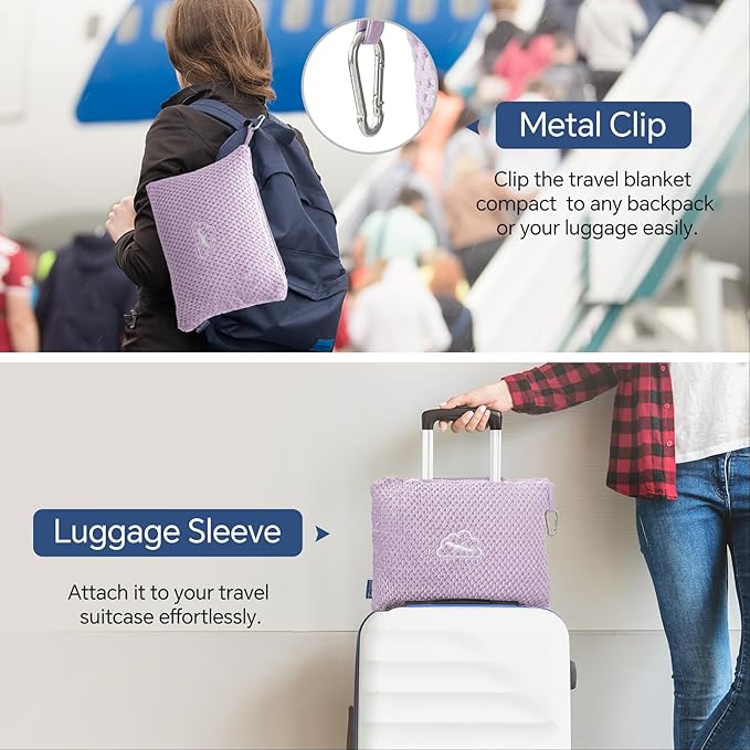 BEDELITE Travel Blanket with Bag, Ultra-Soft Jacquard Fleece Blanket with Luggage Sleeve & Backpack Clip, Airplane Blanket Travel Essentials, Lavender