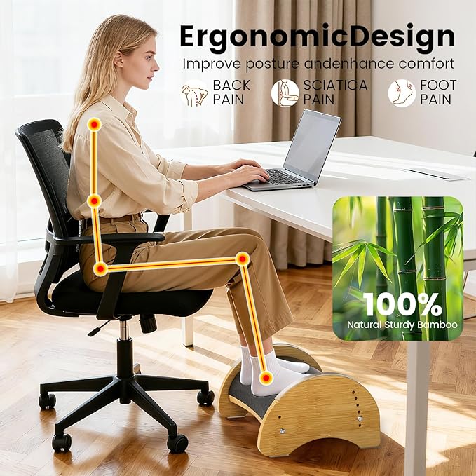 Bamboo Ergonomic Footrest Under Desk, Adjustable Rocking Foot Rest with Cushion, 6 Height Levels, Non-Slip Wooden Foot Rest for Office & Home Work