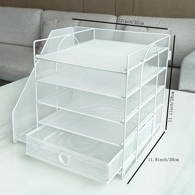5-Tier Paper Letter Organizer with File Holder, Desk Organizer with Drawer, Mesh Desktop Storage with Magazine Holder for Office Supplies (White)