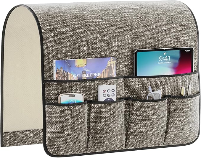 Armchair Caddy Remote Control Holder Sofa Organizer Non-Slip Couch Arm Chair Caddy with 6 Pockets for Tablets,Smart Phone,Books,Pens,Magazines,Ipad (19x35In, Darkgrey)