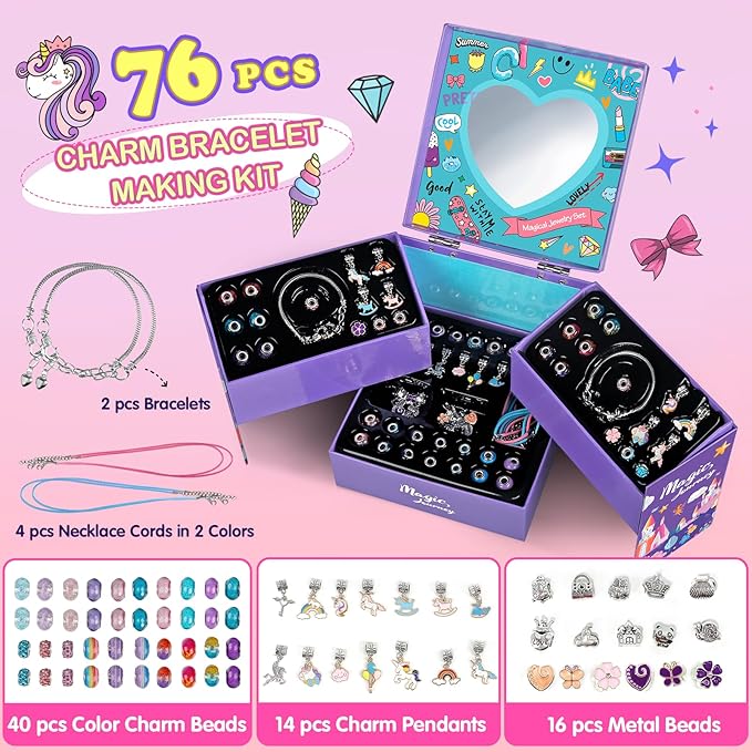 Bracelet Making Kit for Girls,Unicorn DIY Charm Jewelry Craft Set,Arts and Crafts for Kids Ages 8-12,Jewelry Making Supplies Beads,Jewelry Box Easter Birthday Gifts Ages 6 7 8 9 10 11 12 Year Old