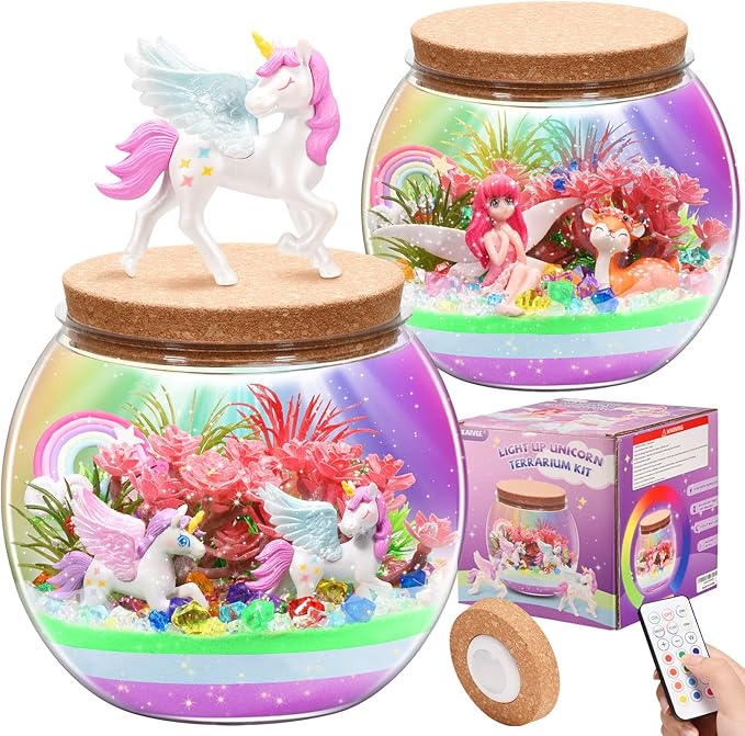 2 Theme in 1 Jar Light Up Unicorn Terrarium Kit & Night Light Fairy Terrarium Kit Creativity DIY Aarts Crafts for Girls Toys Ages 4 5 6 7 8 Year Old Girl Birthday Gifts