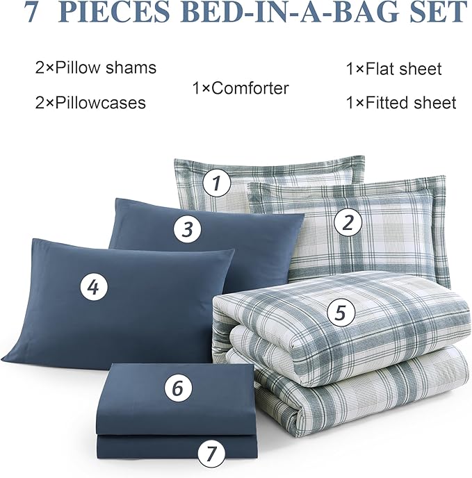 MaiRêve Plaid Queen Comforter Sets, Blue Grey Grid Farmhouse Bedding Set Bed in A Bag, Classic Checkered Comforter Sets with Fitted & Flat Sheet, Pillowcases & Shams(Blue Grey, 90"x90")
