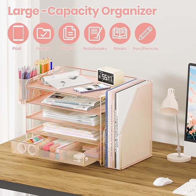 OPNICE Desk Organizer, 5-Tier Paper File Organizer with Drawer & Pen Holder, Office Desk Accessories, Workspace Desktop Organizer for Office Supplies(Rose Gold)
