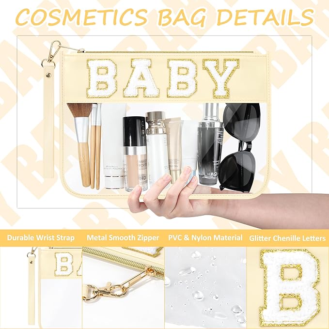 BuyCard 2 Pcs Preppy Patch Clear Baby Bag, Women Chenille Letter Makeup Cosmetic Bag for Travel, PVC Waterproof Organization Outdoor Zipper Pouch Toiletry Bag for Women Girl