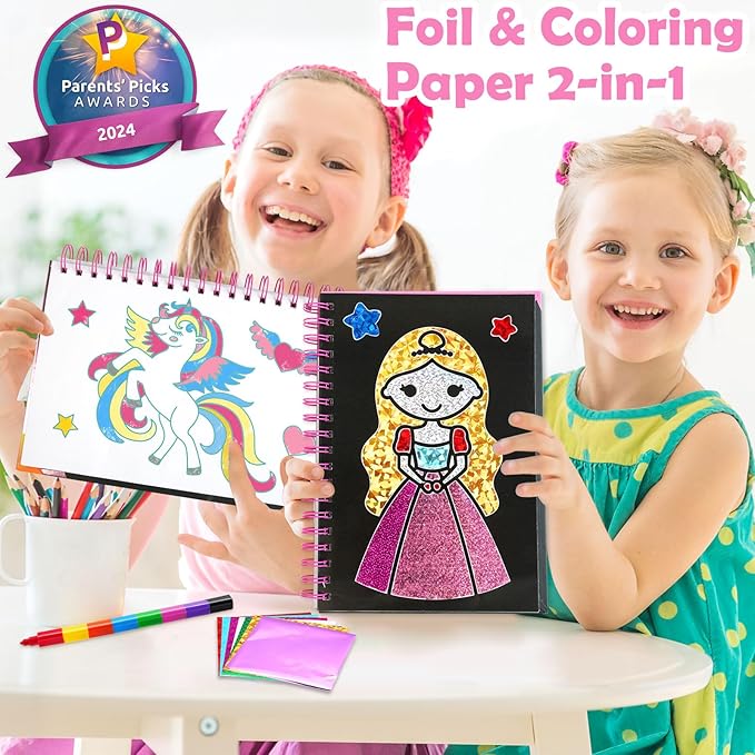 Foil Art Craft Activity for Kids: Fun DIY Toy Sticker Kit, No Mess Creative Travel Supply Set, Idea Birthday Easter Basket Stuffers Valentines Gift for Girl Boy Toddler 4 5 6 7 8 9 Year Old (Princess)
