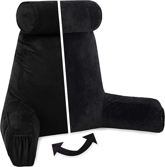 Husband Pillow Medium Aspen Edition Stable Black, Sit Up Reading & Bed Rest with Arms, Ultra-Comfy, Detach Neck Roll - Premium Shredded Memory Foam Backrest, Reverses to Micro: Suede or Plush
