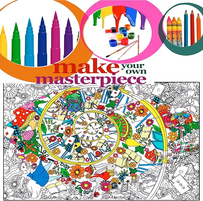 ALEX Art Giant Coloring Poster Alice in Wonderland - Extra Large Coloring Sheet - Super Huge Coloring Posters for Kids and Adults - Table Floor Big Coloring Page - Wall Size Jumbo Coloring Sheets